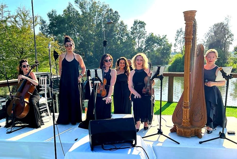 Un ensemble à cordes et harpe lors d'une cérémonie dans un jardin